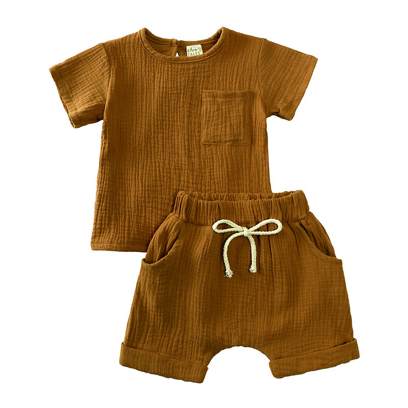 Completo Estivo Bambino 2 Pezzi in Cotone Garzato  T-shirt e Shorts Bianchi