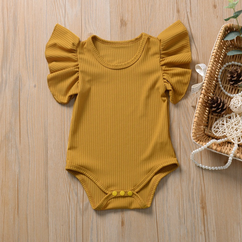 T-shirt / Body Bimba con Maniche Volant  Tessuto a Costine, Look Chic