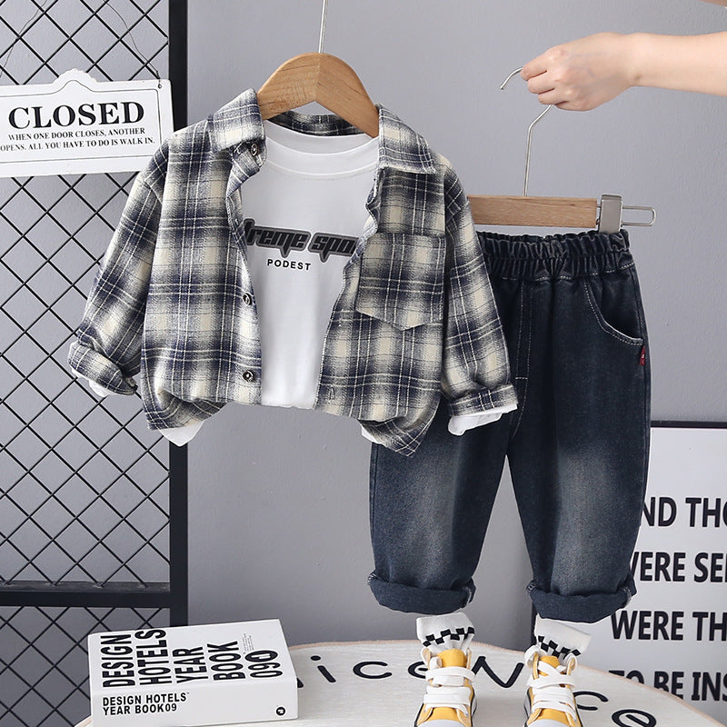 Completo Bimbo "Casual Cool"  Camicia a Quadri, T-shirt e Jeans