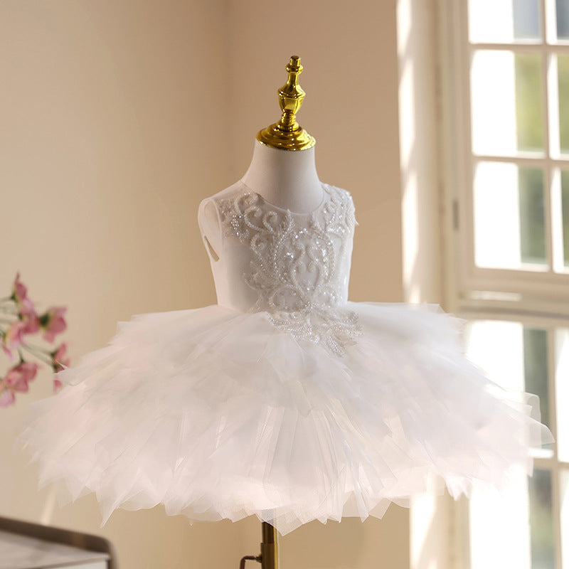 Abito da Cerimonia Bambina Bianco con Tulle e Ricami