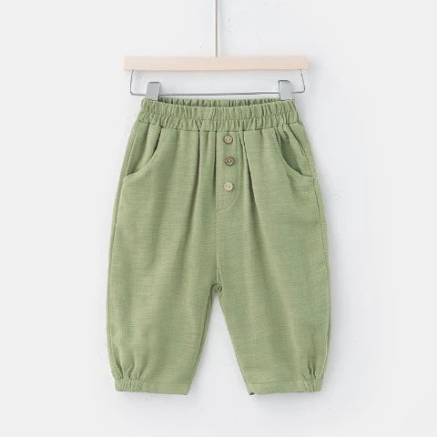 Pantaloni Bimbo in Cotone e Lino – Modello con Bottoni Decorativi