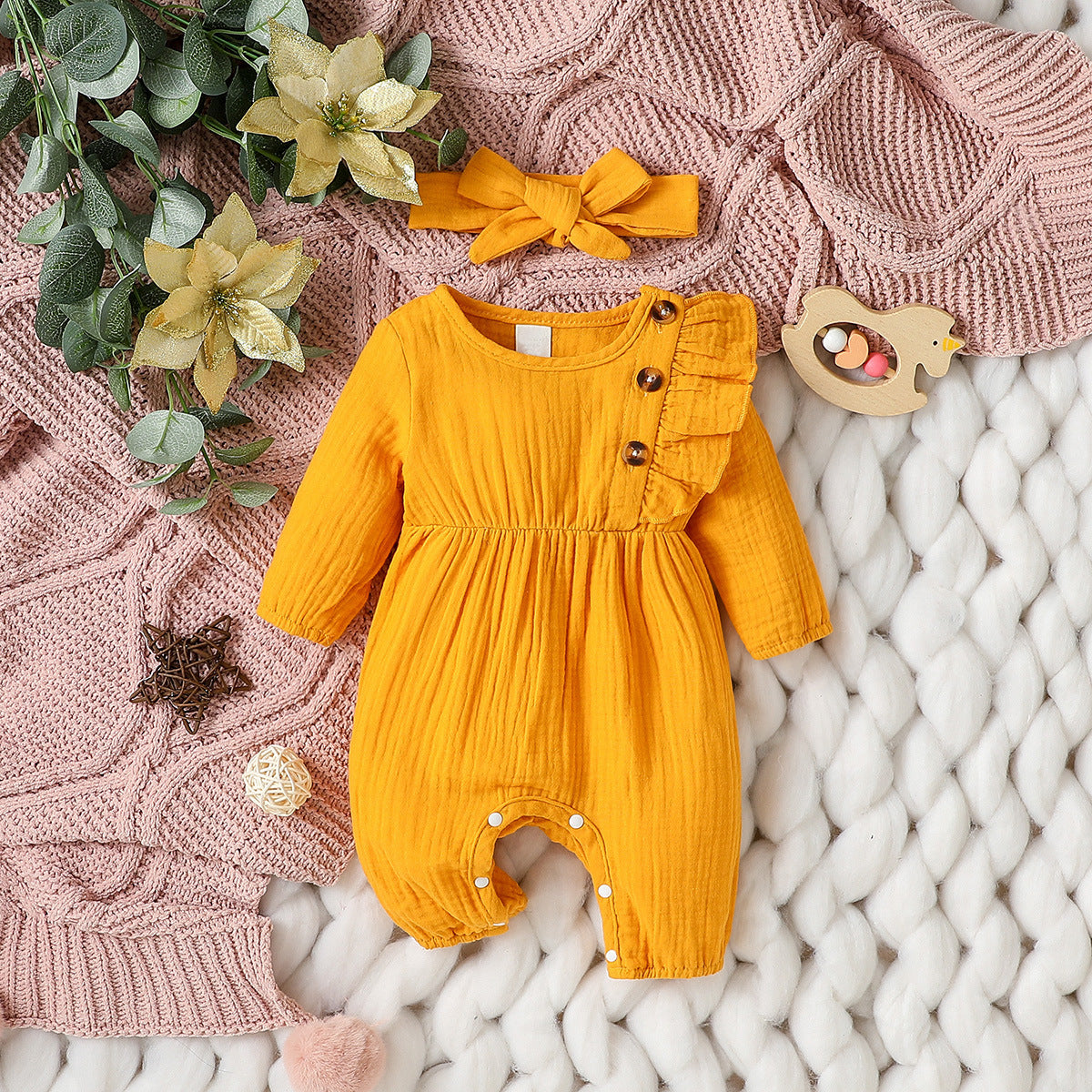 Tutina Neonata/ Bimba in Cotone Naturale con Bottoni e Fascia Coordinata
