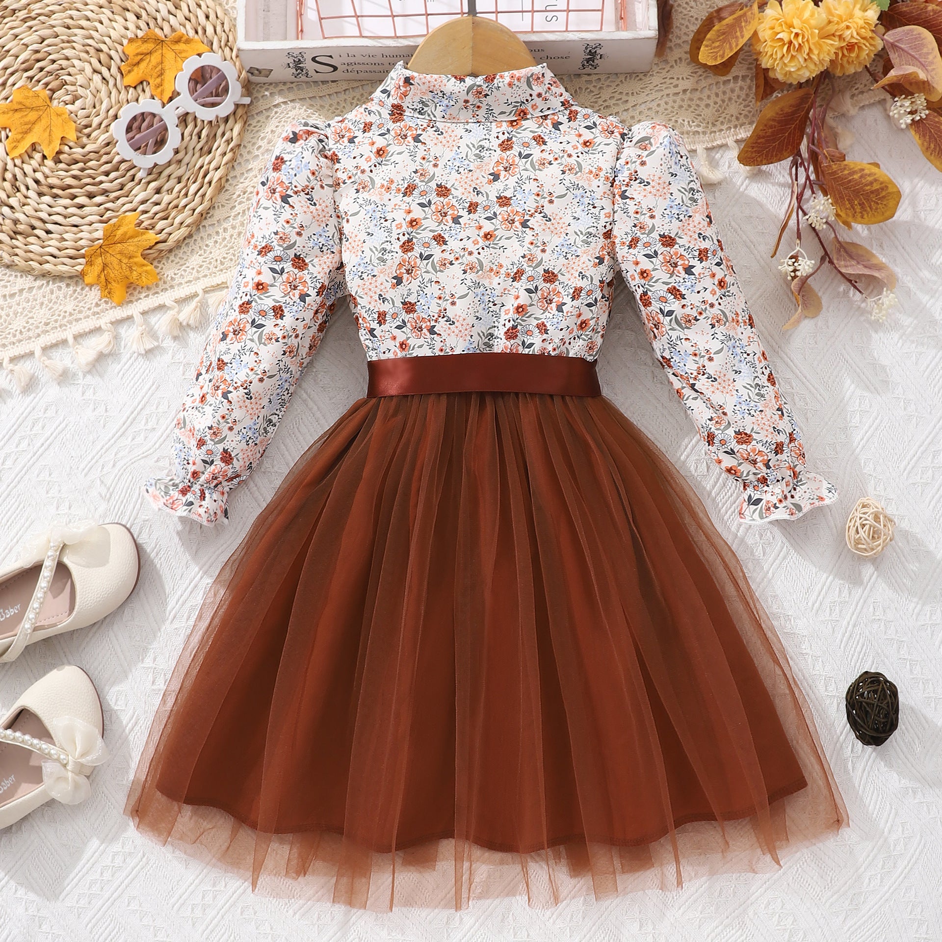 Abito Elegante Bimba   Camicia a Fiori e Gonna in Tulle con Fiocco