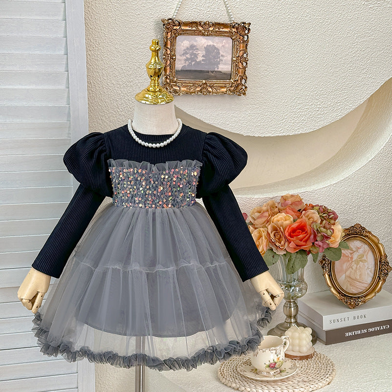 Vestito Elegante Bambina Manica Lunga con Corpetto Brillantinato e Gonna in Tulle
