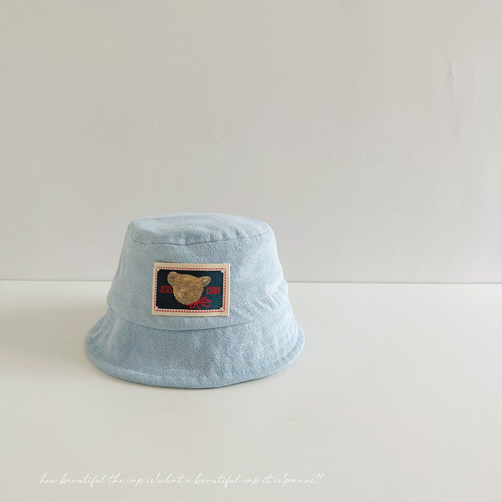 Bucket Hat Bambino in Denim Azzurro   Patch Orsetto Ricamata