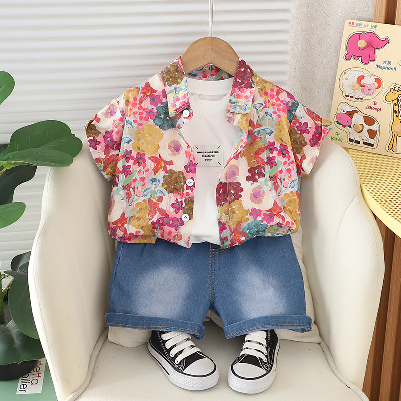 Set Estivo Bambino - Camicia Fantasia Floreale e Pantaloncini in Denim