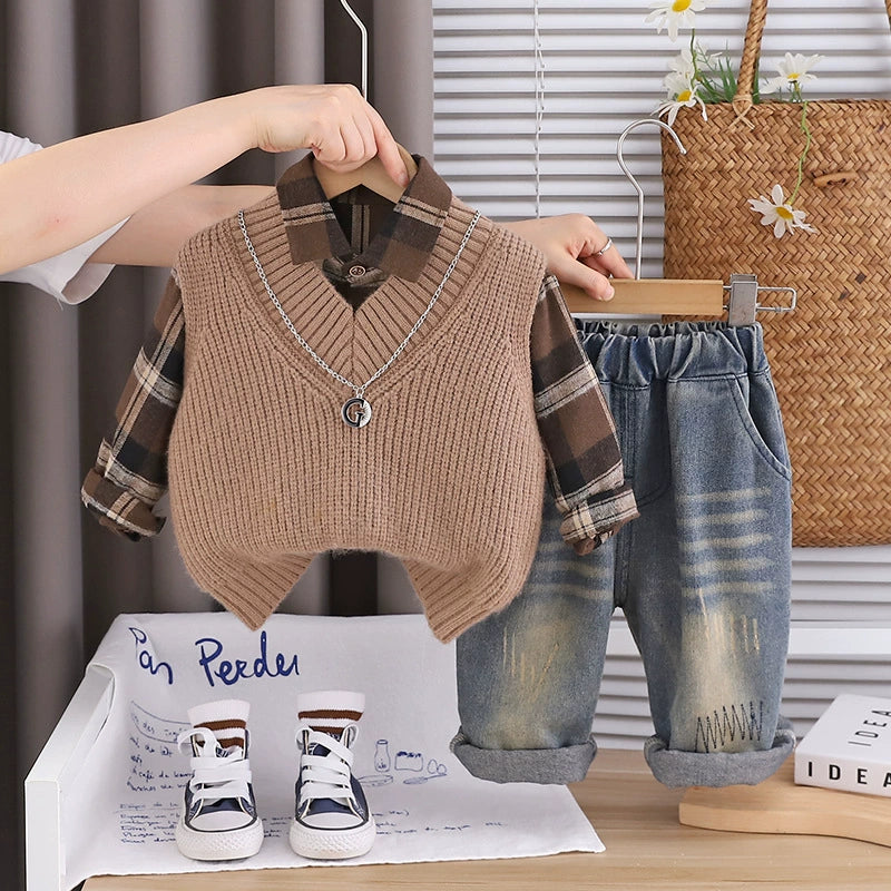 Completo Bimbo 3 pezzi Scozzese & Maglioncino – Autunno/Inverno