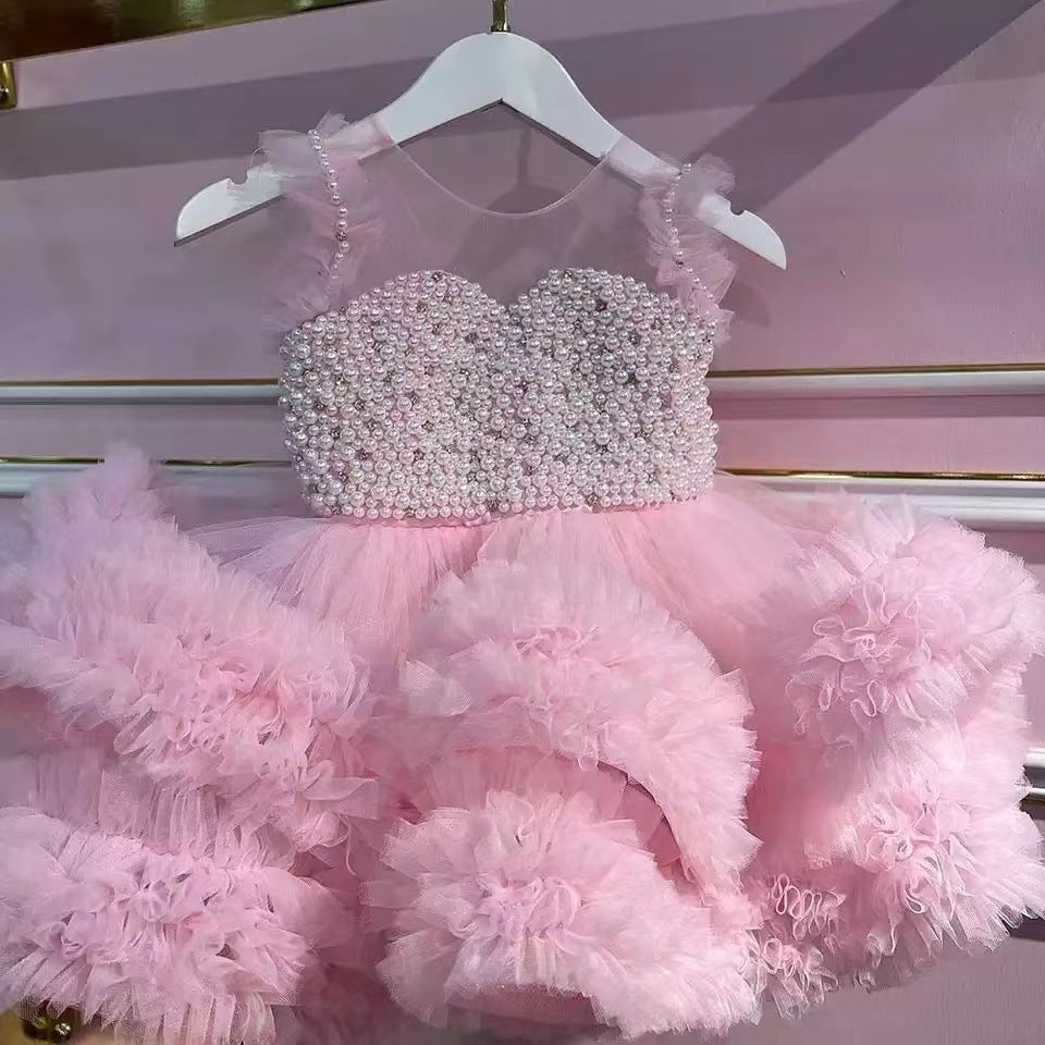 Vestito elegante bimba per cerimonia rosa con tulle