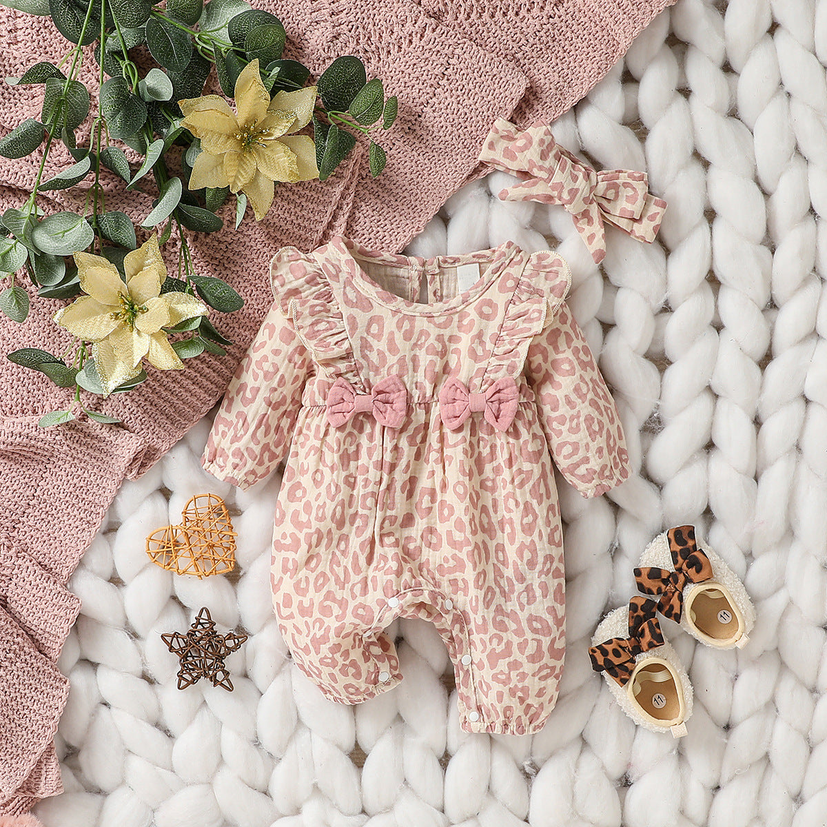Tutina Neonata/ Bimba Floreale con Fiocchi e Fascia Coordinata in Cotone