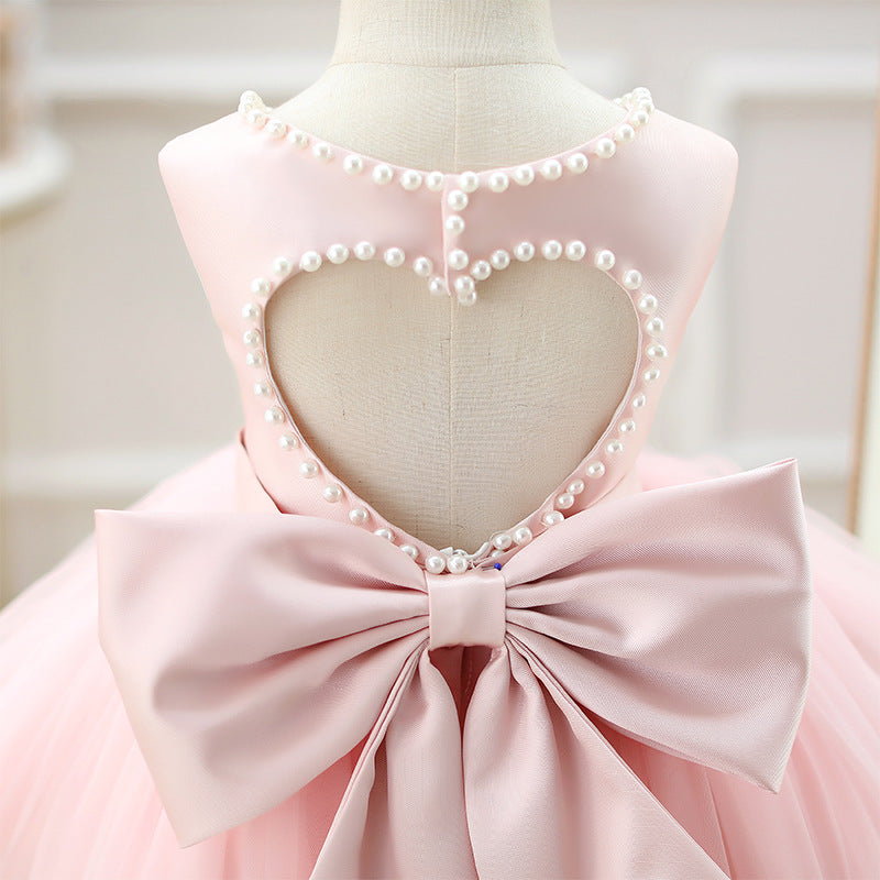 Abito da Cerimonia Bambina Rosa con Fiocco e Dettagli in Perle