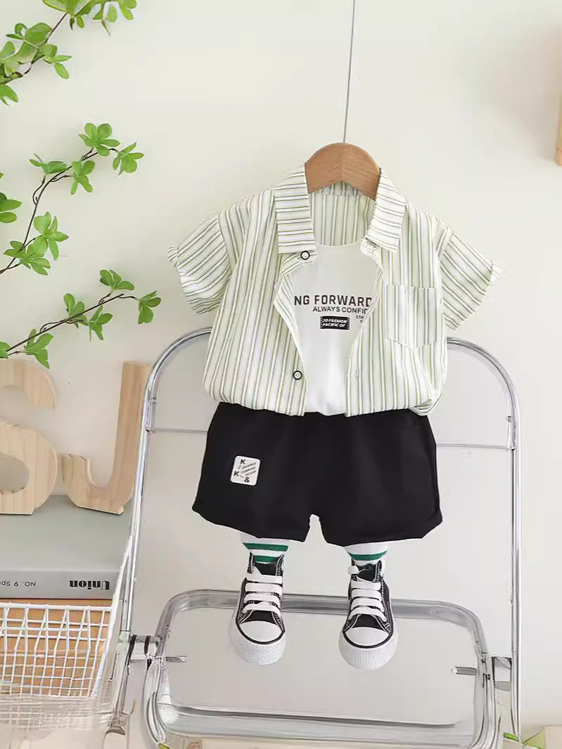 Completo Estivo Bambino  Camicia a Righe Multicolor e Shorts Neri