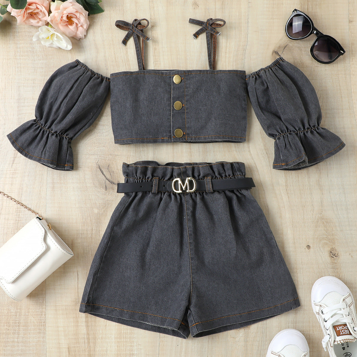 Completo Estivo in Jeans per Bimba Top con Spalline, Shorts con Cintura e Manicotti