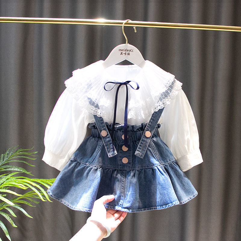Salopette bimba jeans con Blusa e colletto pizzo