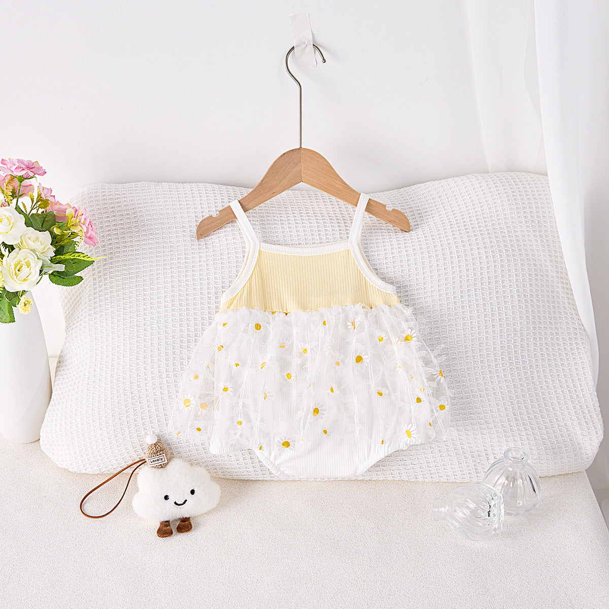 Pagliaccetto Estivo Neonata/ Bimba con Gonnellina in Tulle – Stampa Margherite