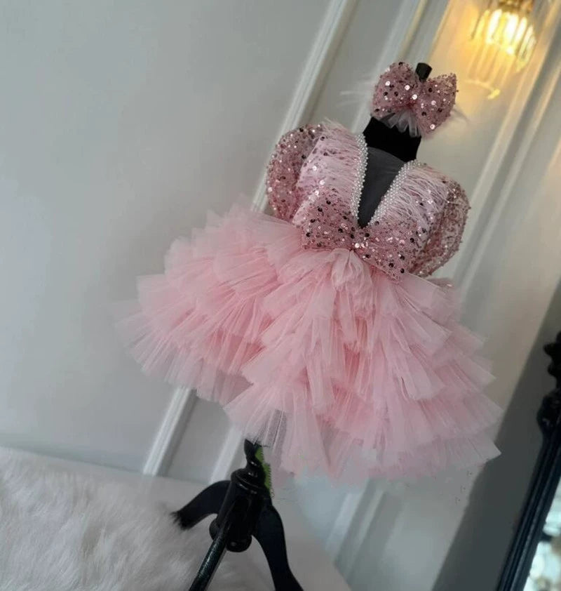 Abito Cerimonia Vari colori Principessa in Tulle con Lustrini e Fiocco