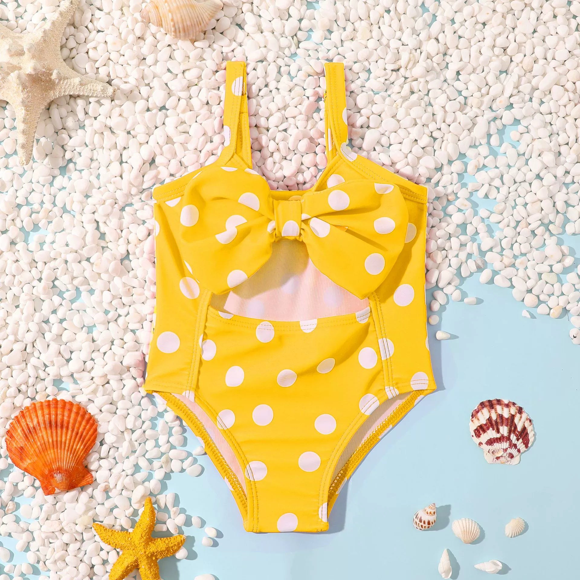 Costume Intero Bambina   Pois Bianchi e Maxi Fiocco