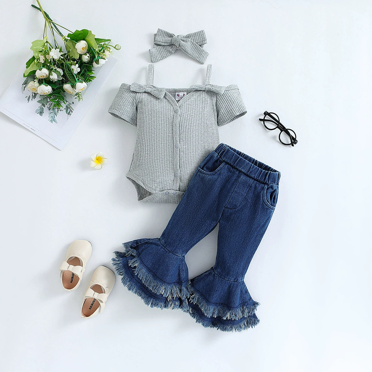 Completo bimba 3 pezzi jeans+maglietta+fascia