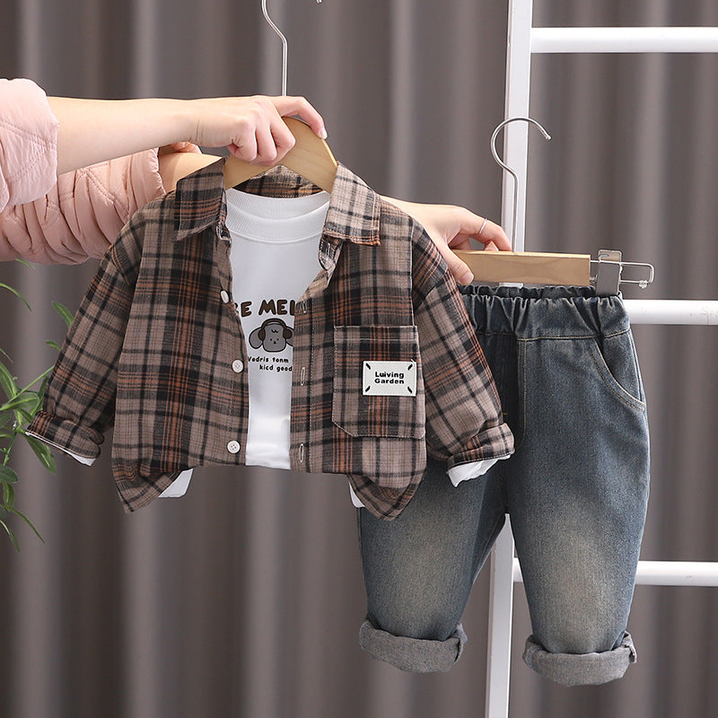 Completo Bimbo Casual   Camicia a Quadri, T-Shirt Stampata e Jeans