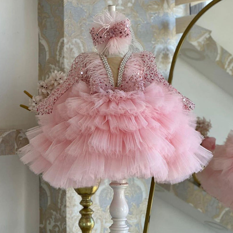 Abito Cerimonia Bambina - Tulle con Dettagli Brillanti e Piume