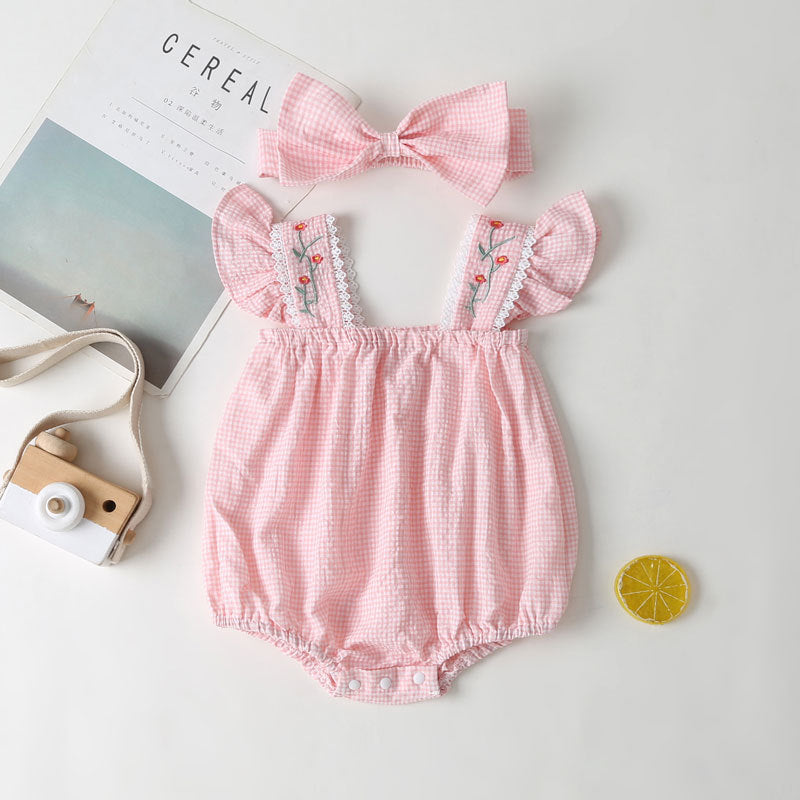 Pagliaccetto Bimba  con Fiocco Abbinato  Rosa Vichy & Ricami Floreali