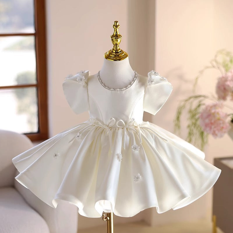 Abito Elegante Bambina Avorio con Maniche a Palloncino e Dettagli Floreali