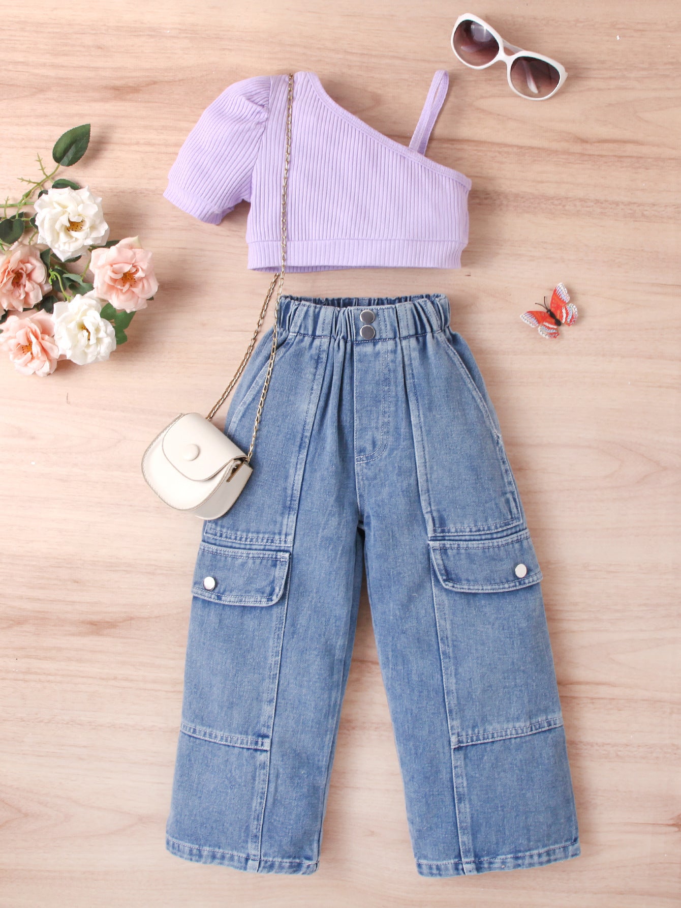 Completo bambina   Top monospalla e Pantalone cargo in denim