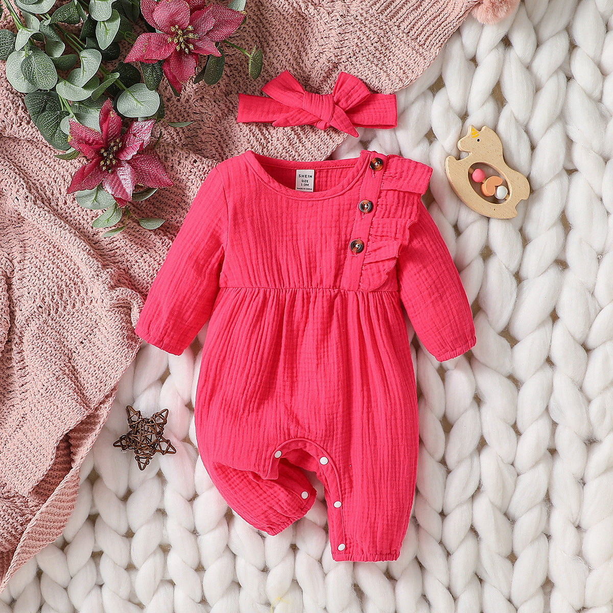 Tutina Neonata/ Bimba in Cotone Naturale con Bottoni e Fascia Coordinata