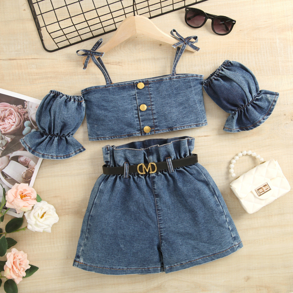 Completo Estivo in Jeans per Bimba Top con Spalline, Shorts con Cintura e Manicotti