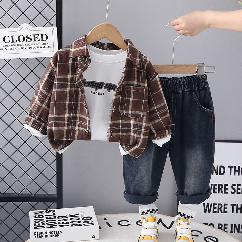Completo Bimbo "Casual Cool"  Camicia a Quadri, T-shirt e Jeans