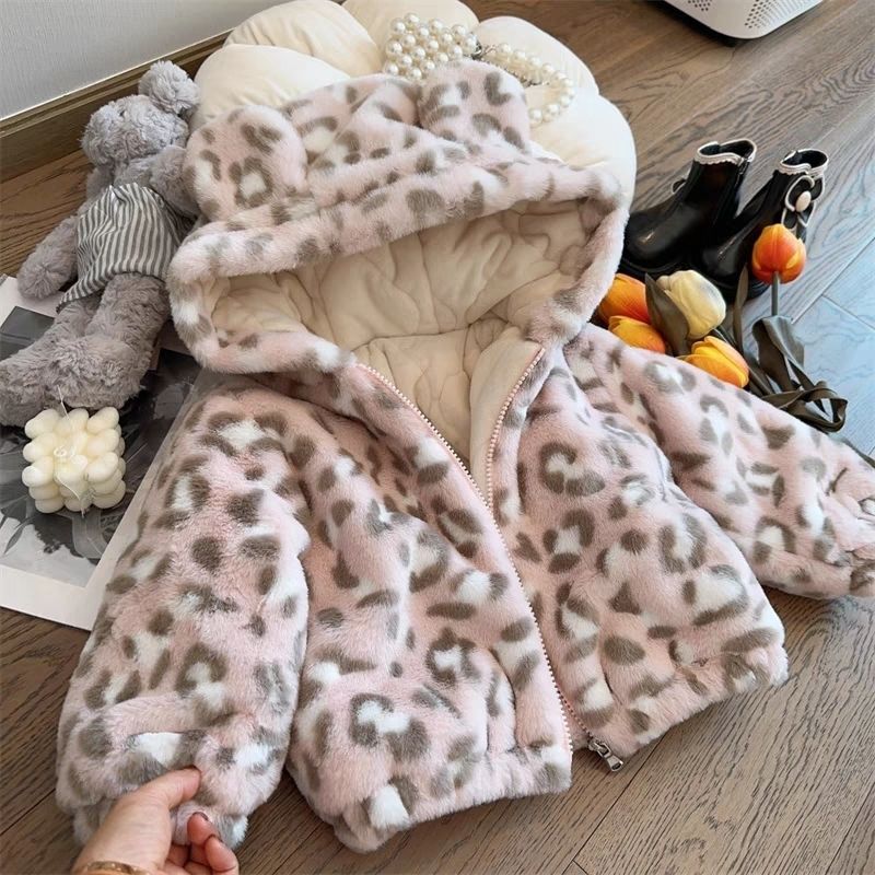 Giacca Invernale Bambina in Pelliccia con Orecchie e Stampa Animalier