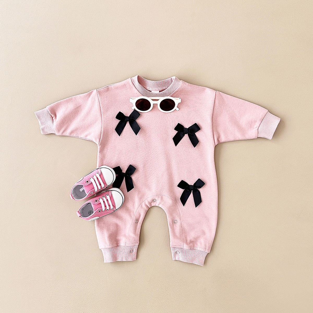 Tutina Bimba “Pink & Bows”  Maniche Lunghe con Fiocchi Applicati