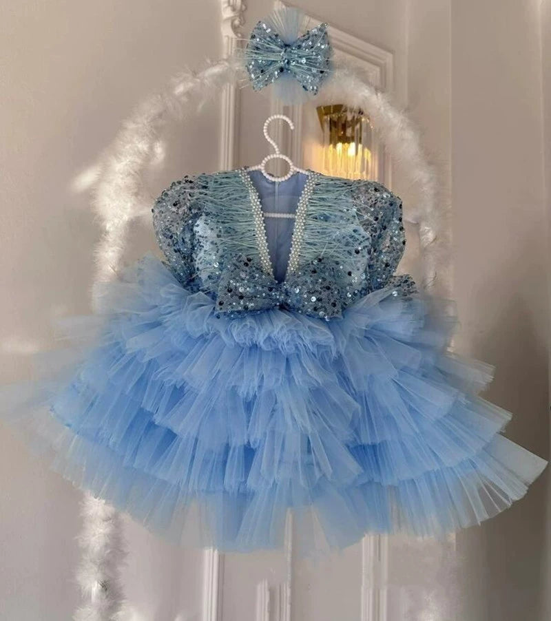 Abito Cerimonia Vari colori Principessa in Tulle con Lustrini e Fiocco