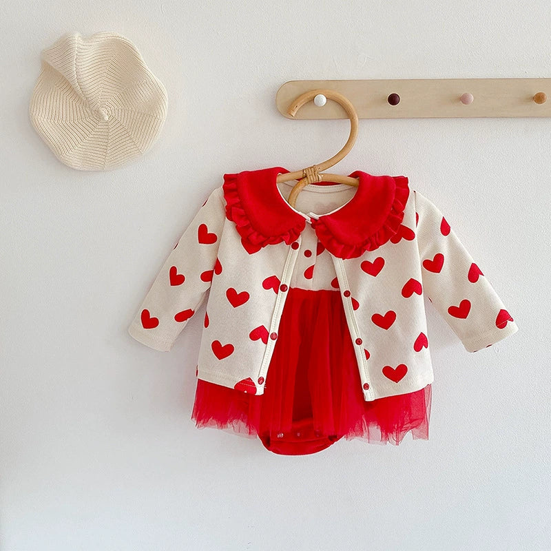 Completo Bimba Invernale Cuori Rosso & Crema con Gonnellina Tulle