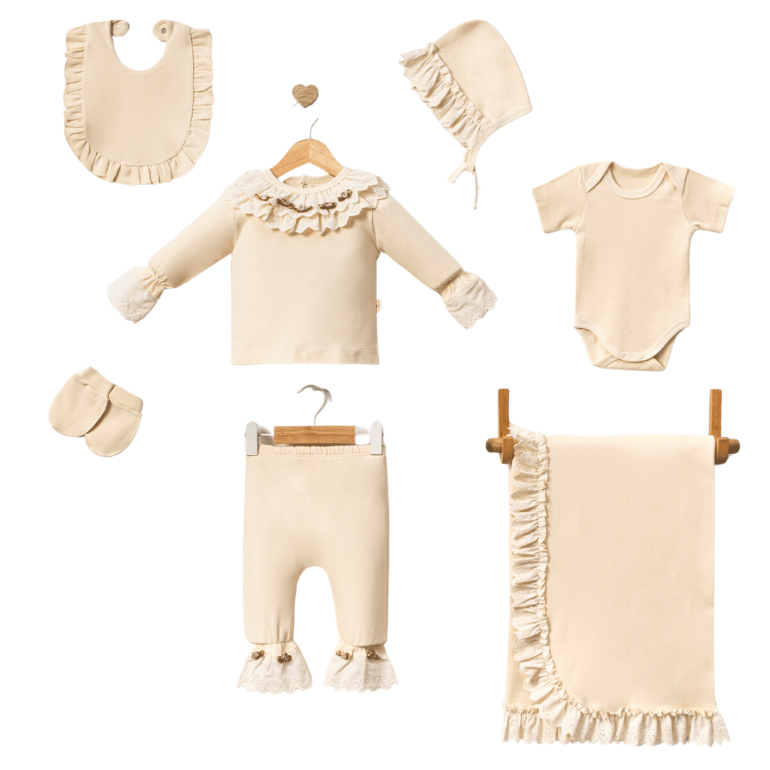 Set Corredino Nascita Elegante 7 Pezzi – Pizzo e Dettagli Romantici