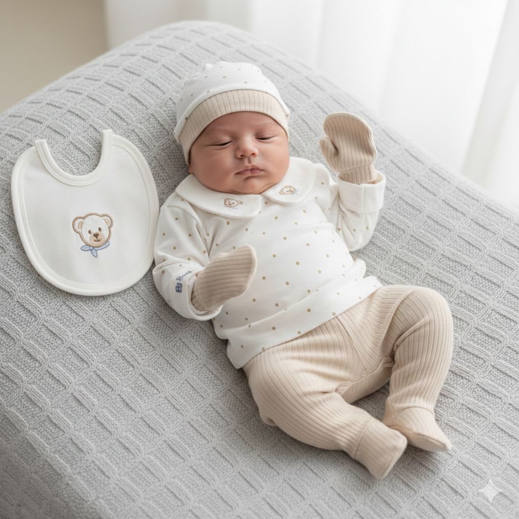 Set Neonato/ Bimbo 5 Pezzi in Cotone – Fantasia Pois con Orsetto Beige