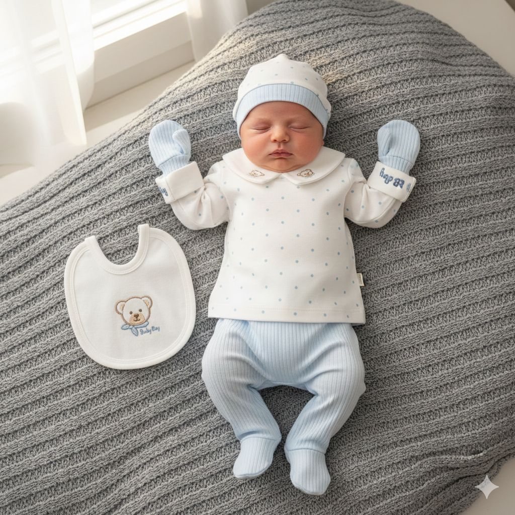 Set Neonato/ Bimbo 5 Pezzi in Cotone – Fantasia Pois con Orsetto