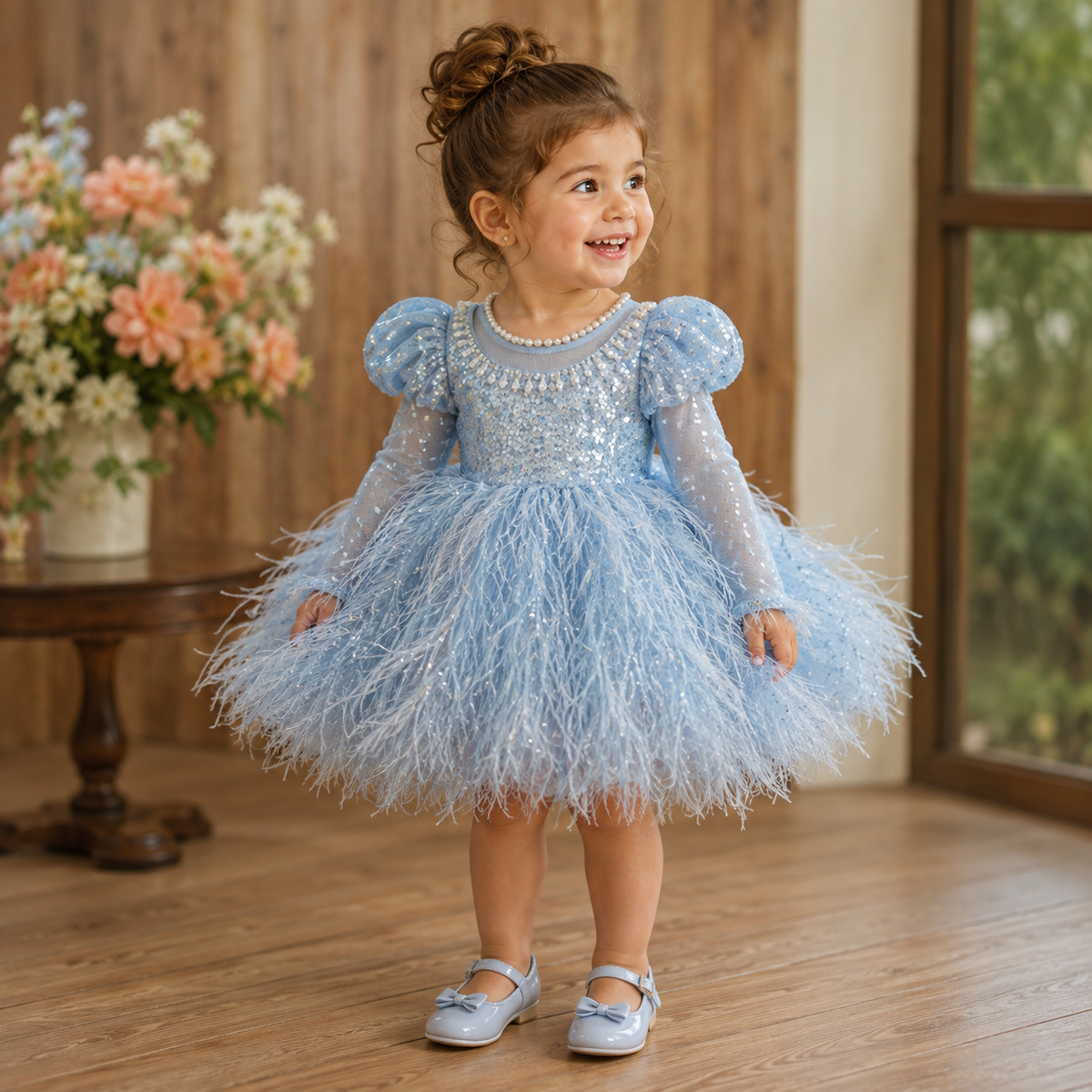 Abito da Cerimonia Bambina - Tulle Azzurro con Piume e Paillettes