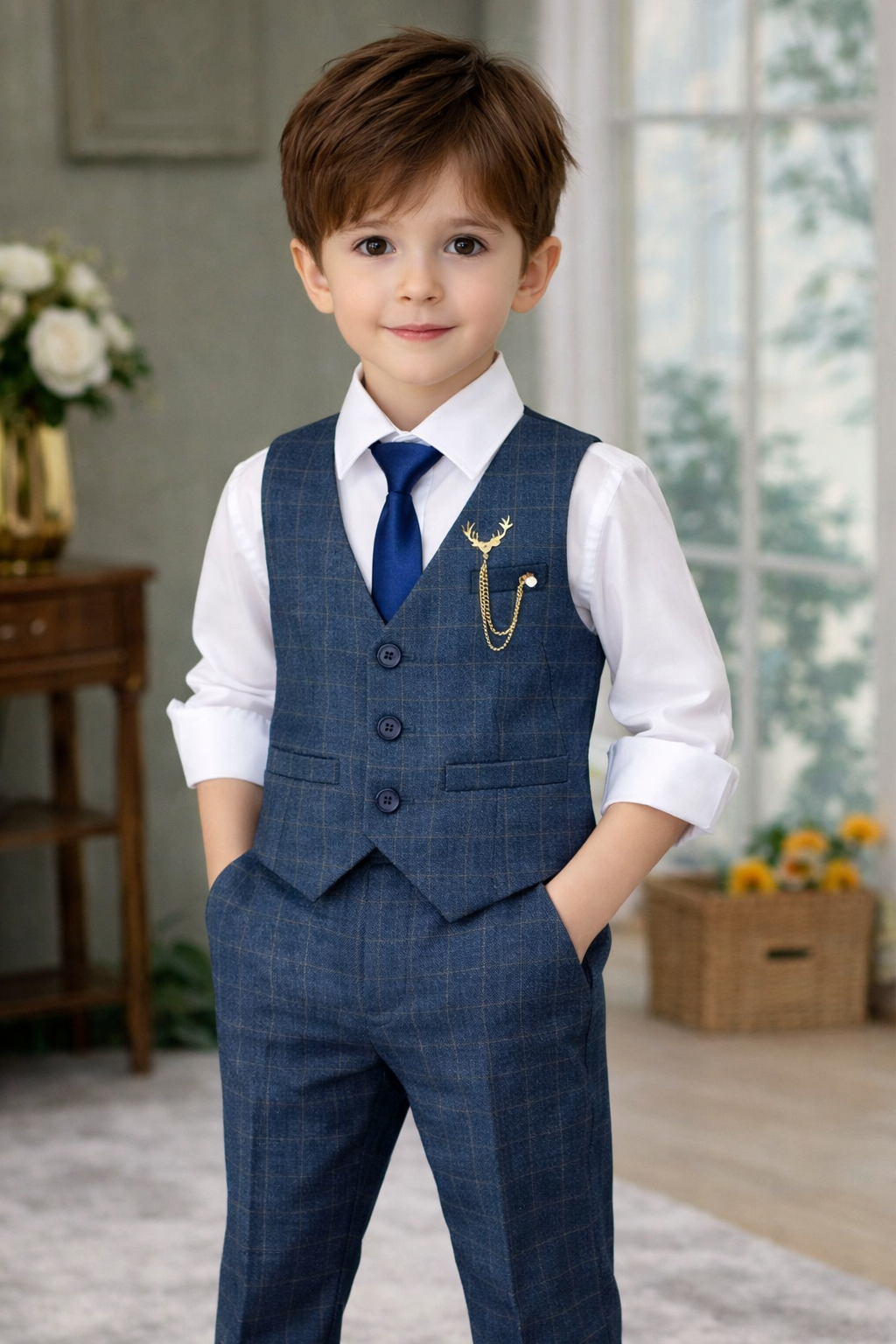 Completo Bimbo 3 Pezzi Elegante – Gilet e Pantaloni Check Blu con Cravatta