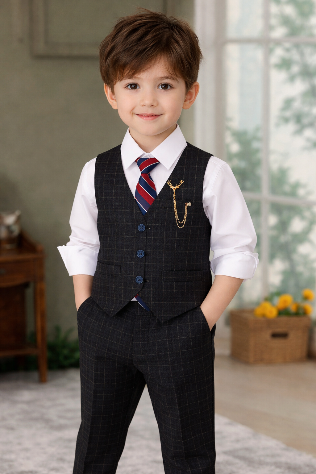 Completo Bimbo 3 Pezzi Elegante – Gilet e Pantaloni Check Neri con Cravatta