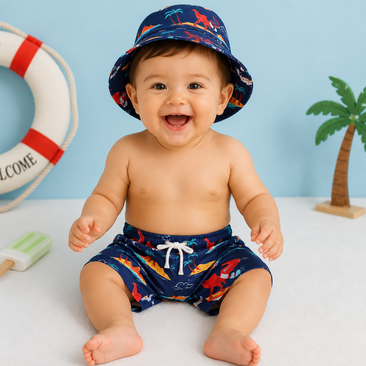 Boxer Mare Bimbo con Stampa Dinosauri Surfisti   Blu Navy