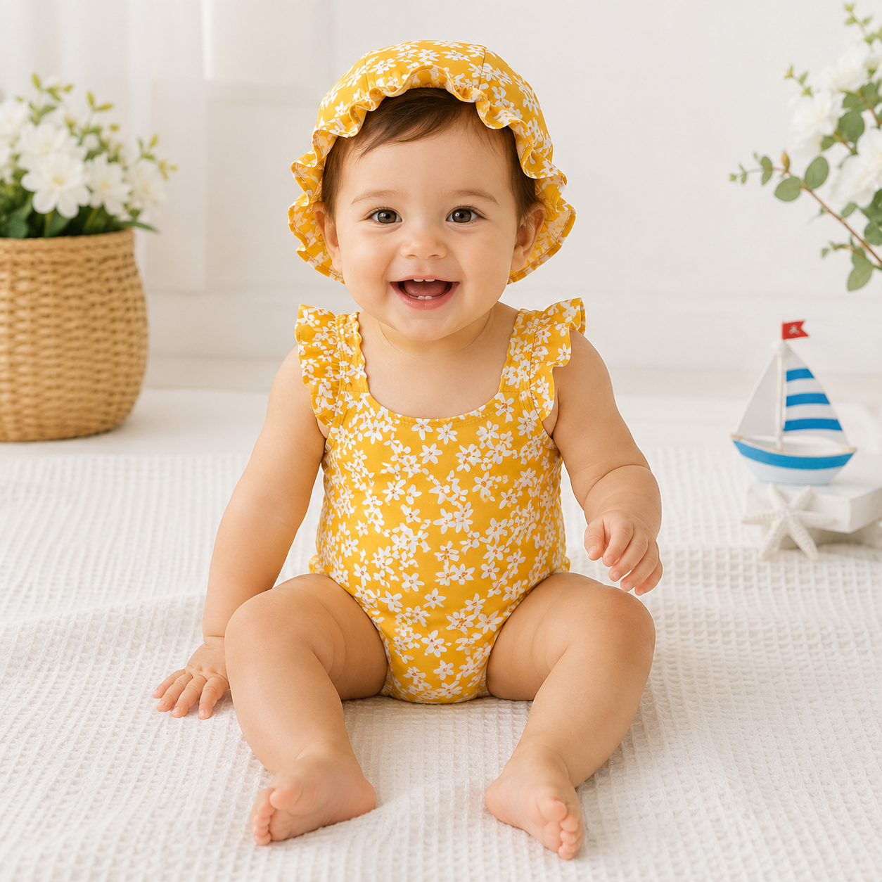Costume Intero Bambina Giallo con Fiori Bianchi e Cuffietta