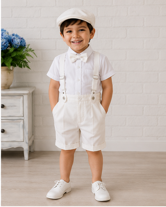 Completo elegante bianco per neonato   camicia , pantaloncini , gilet e papillon