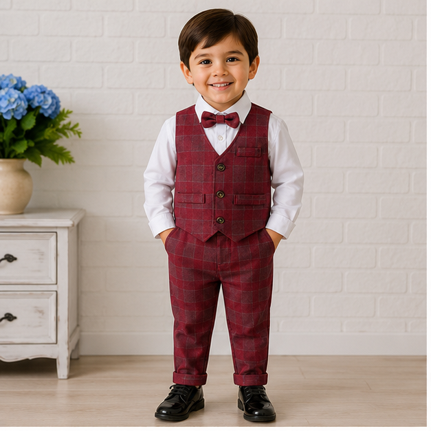 Completo Elegante Bambino 3 Pezzi  Gilet e Pantalone Quadrettato Rosso con Camicia e Papillon