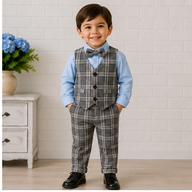 Completo 3 Pezzi Bambino  Gilet e Pantalone a Quadri con Camicia Celeste e Papillon