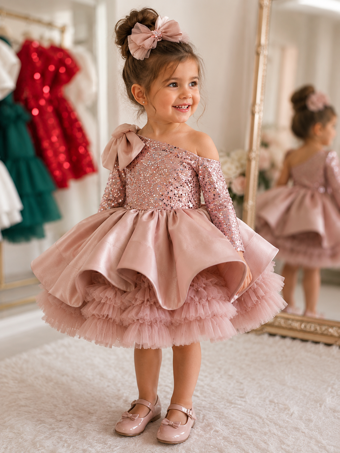 Abito da Cerimonia Bambina con Paillettes e Volant
