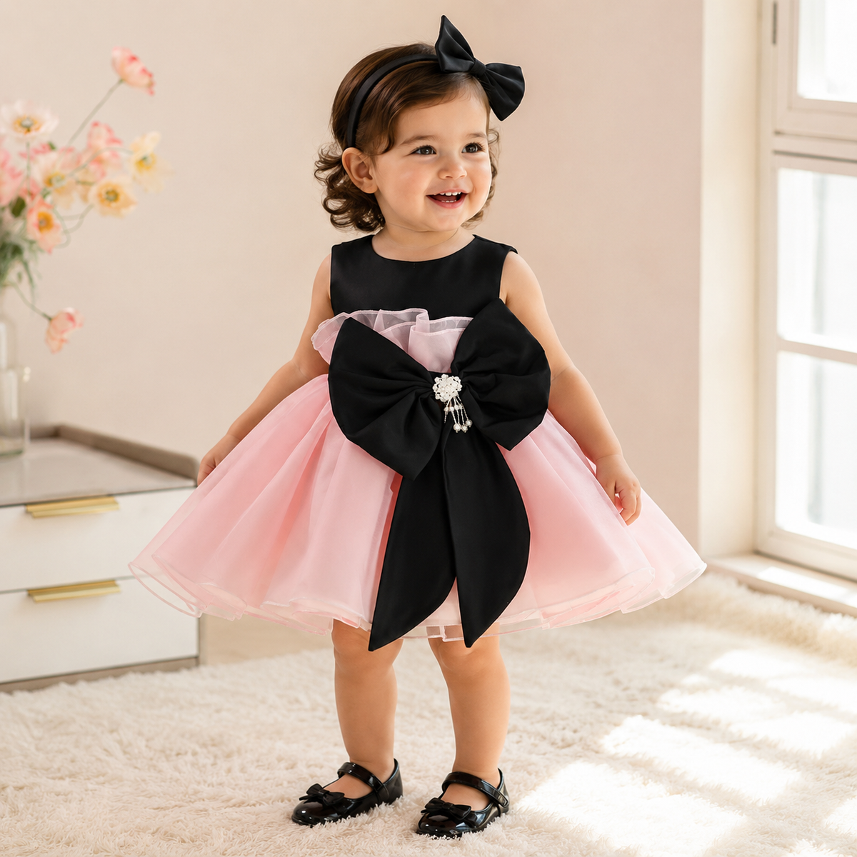 Abito elegante bambina rosa e nero con maxi fiocco