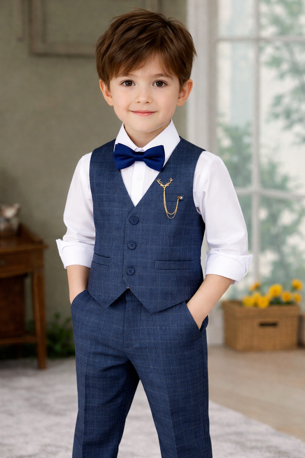 Completo Elegante Bimbo 3 Pezzi – Gilet e Pantaloni Check Blu con Papillon