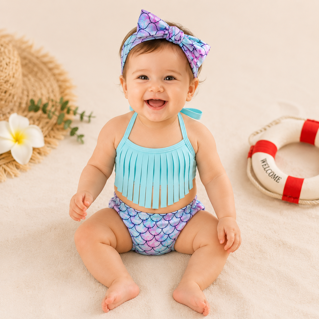 Costume Bambina 3 Pezzi – Sirena con Frange e Fiocco