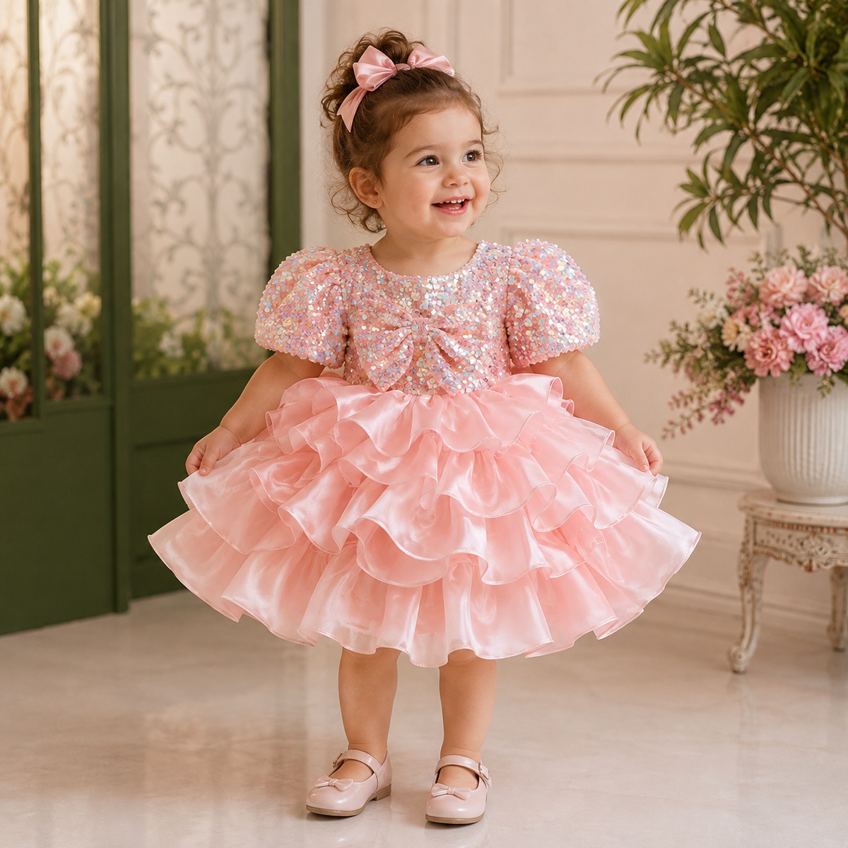Abito da Cerimonia Rosa con Paillettes e Balze