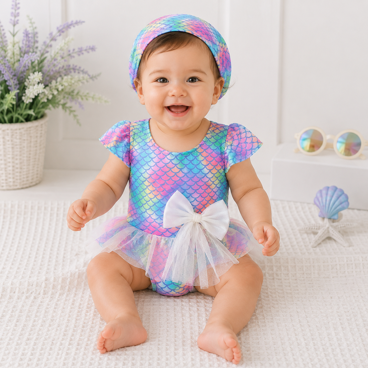 Costume Intero Bambina Sirena con Gonna in Tulle e Cuffia Coordinata